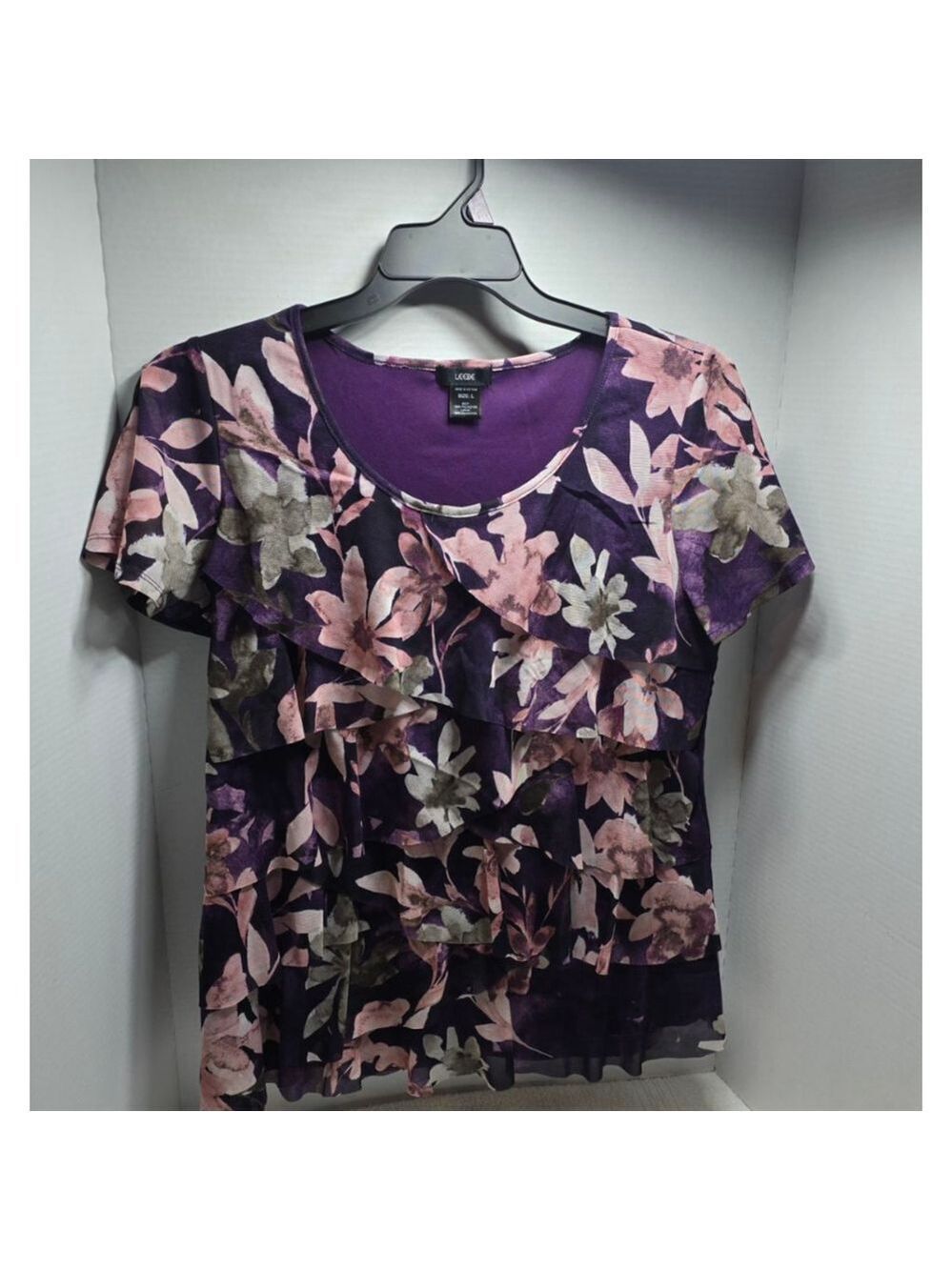 Women's LEEBE Purple Floral Ruffle Short Sleeve Tee Size L